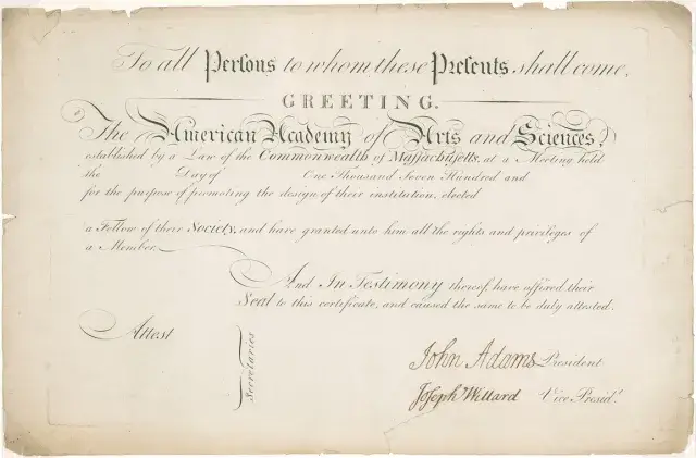 Academy Membership Certificate, signed by John Adams